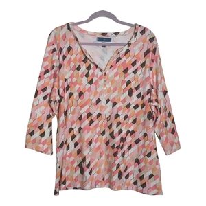 Karen Scott 2X Orange Pink Geometric 3/4 Sleeve Top Abstract Art Deco Retro Mod